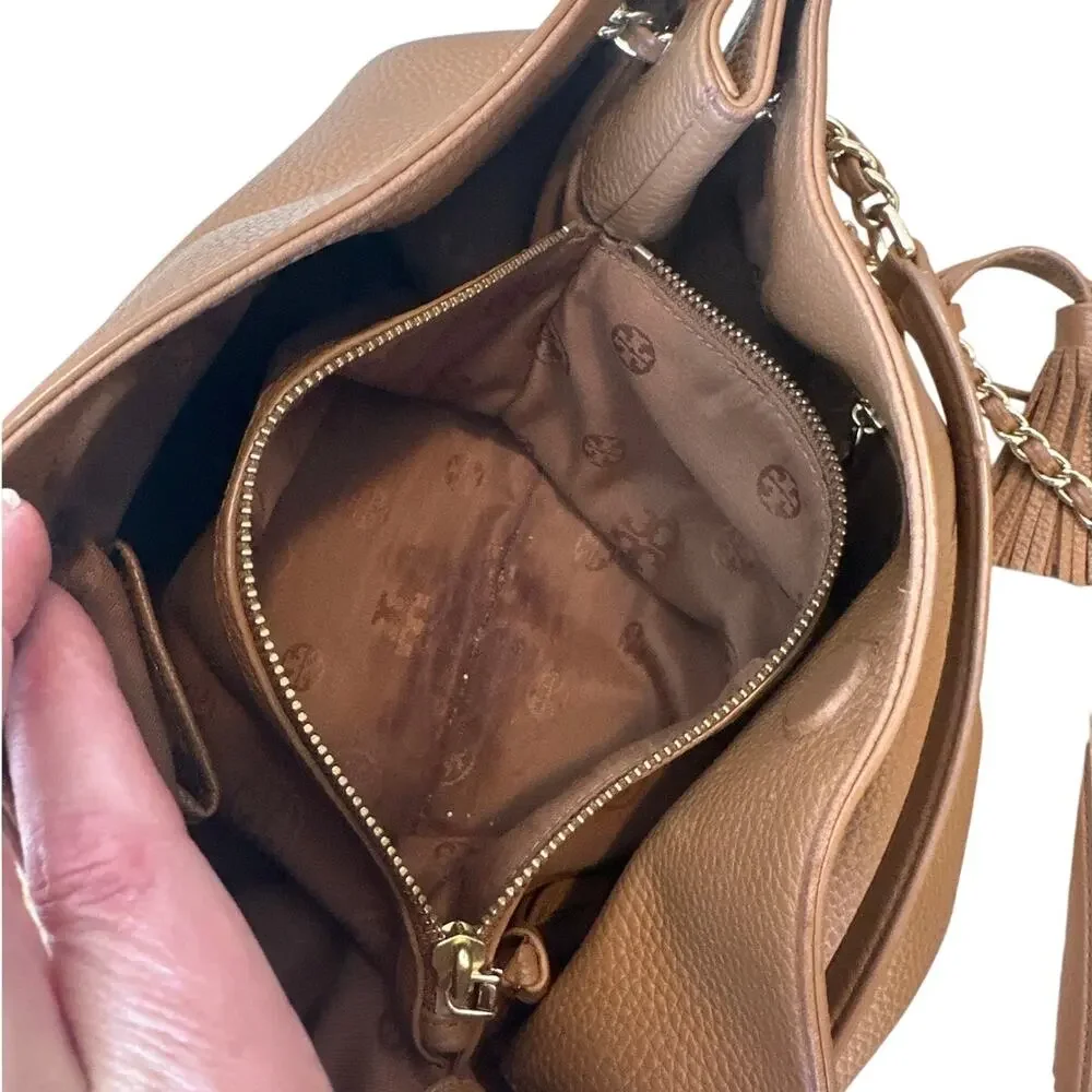Tory Burch Pebbled Leather Chain Tote Brown‎ Camel Slouchy Bag